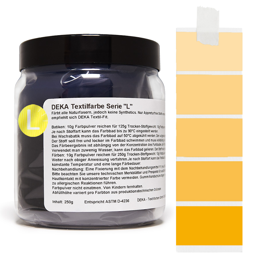 DEKA L Textilfarbe 250 g Gelb Dose DEKA L Textilfarbe 250 g in Gelb mit Farbmustern auf Stoff