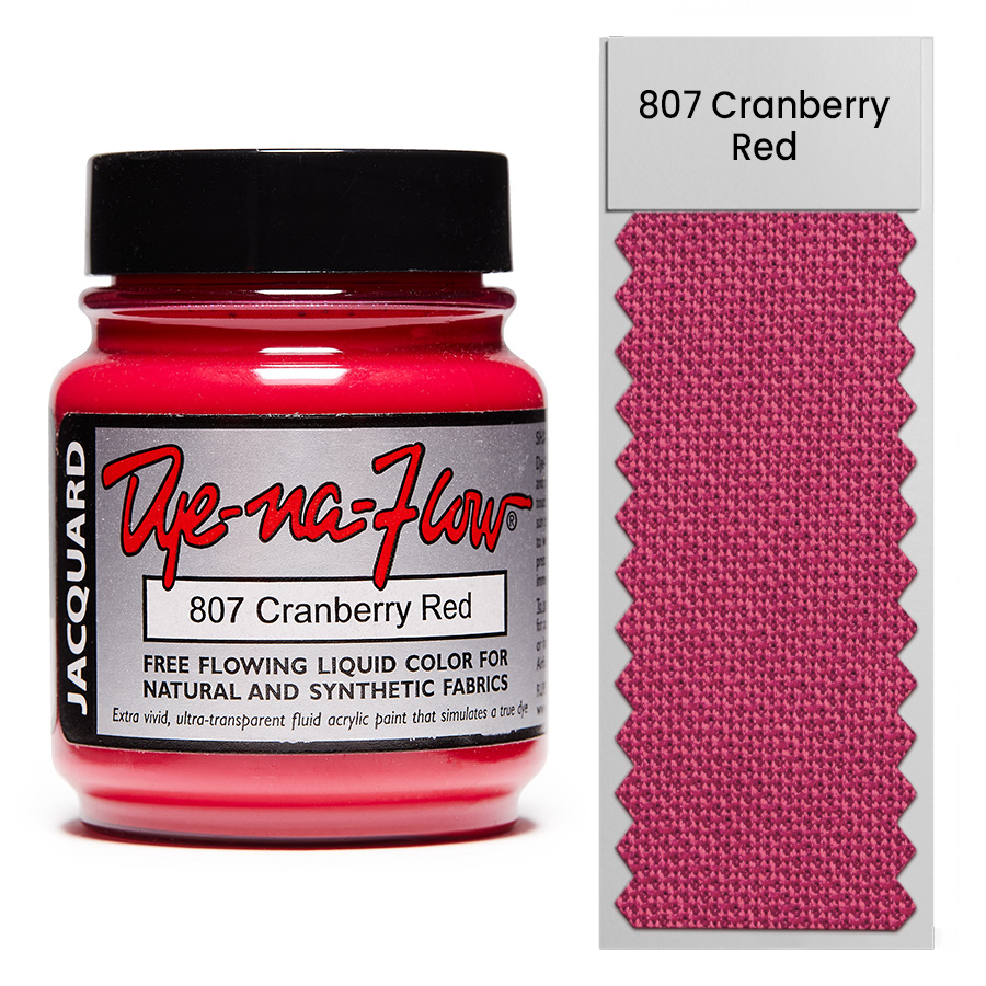 Jacquard Dye-Na-Flow 807 Cranberry Red 67 ml Flasche Jacquard Dye-Na-Flow 807 Cranberry Red 67 ml mit Farbmuster auf Stoff