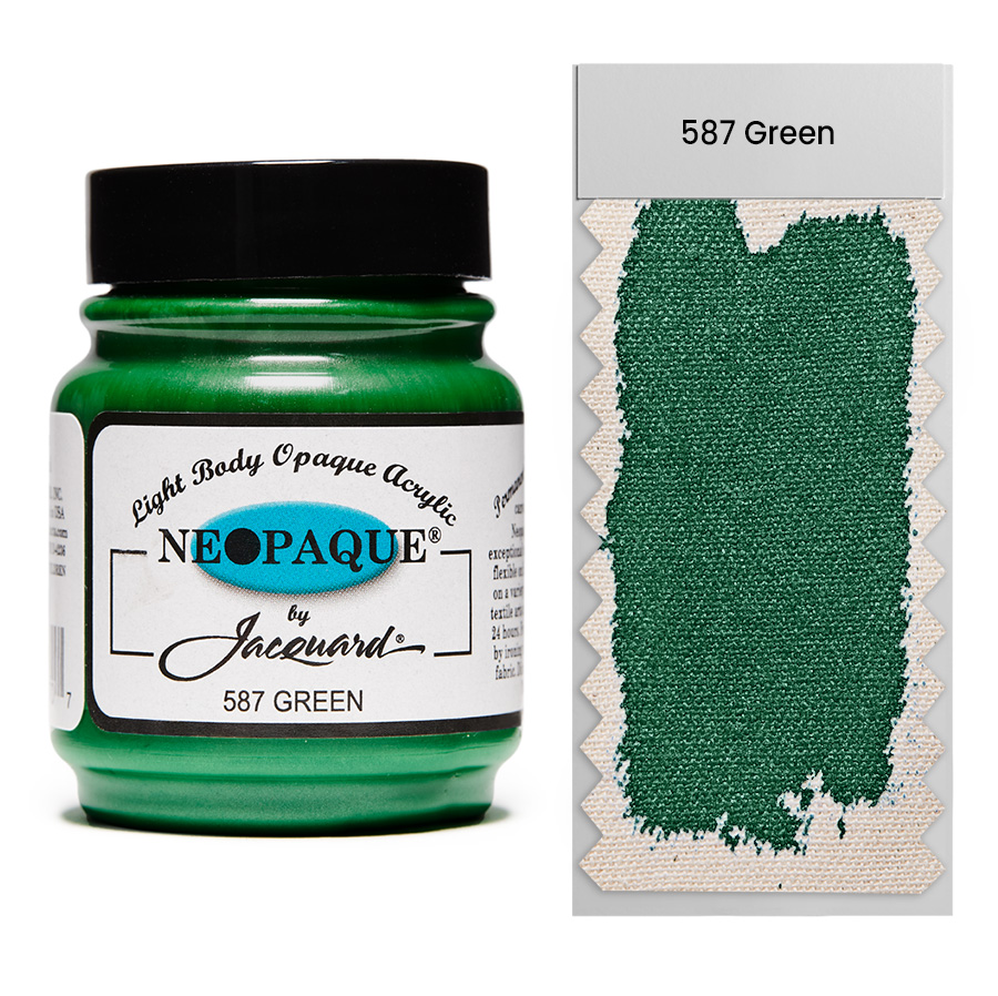 Jacquard Neopaque 587 Green 67 ml Dose Jacquard Neopaque 587 Green 67 ml mit Farbaufstrich auf Stoff, deckende Acrylfarbe