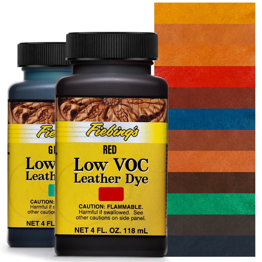 Zwei Flaschen Fiebing's Low VOC Leather Dye in Green und Red und ein Farbtafel