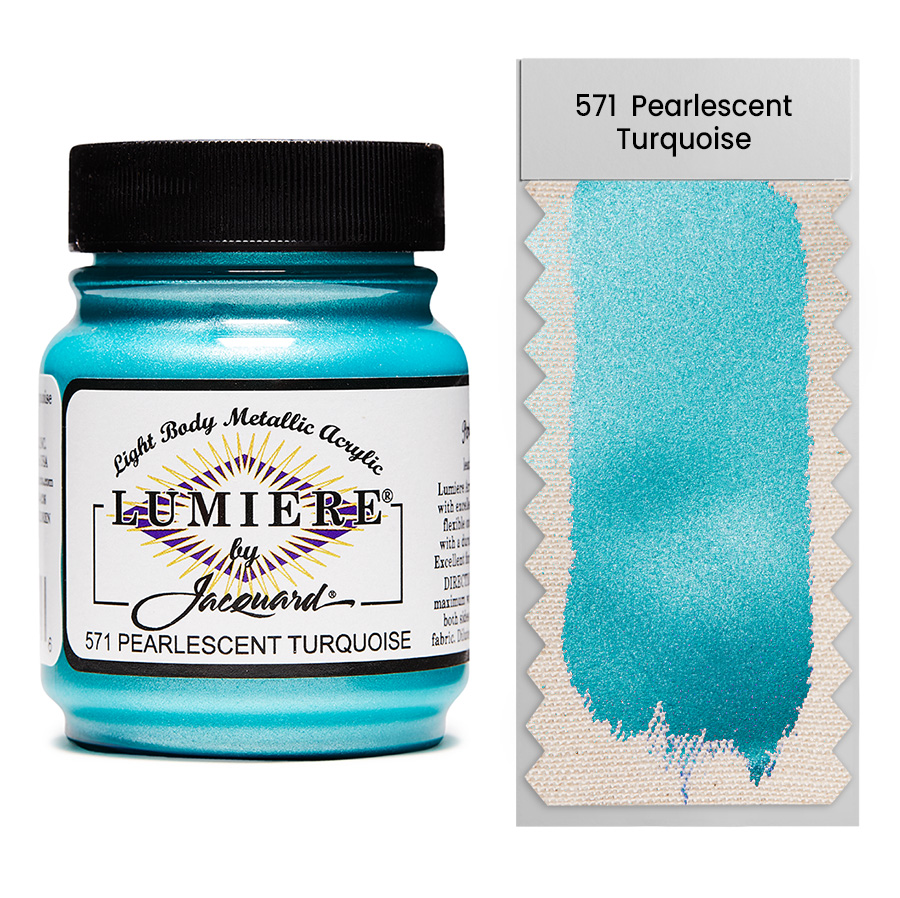 Jacquard Lumiere 571 Pearlescent Turquoise 67 ml Jar of Jacquard Lumiere 571 Pearlescent Turquoise 67 ml with swatch, metallic and pearlescent paint