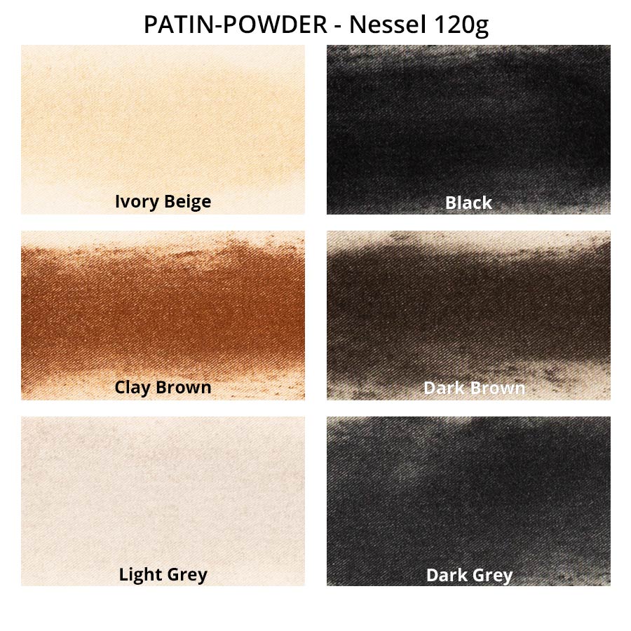 PATIN-POWDER set de 6 sur toile écrue 120 g Nuancier PATIN-POWDER set de 6 sur toile écrue 120 g : 6 couleurs de Ivory Beige à Dark Grey
