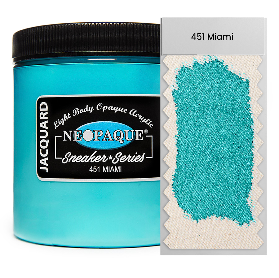 Jacquard Neopaque Sneaker 451 Miami 236 ml Dose Jacquard Neopaque Sneaker 451 Miami 236 ml mit Farbaufstrich auf Stoff, deckende Acrylfarbe