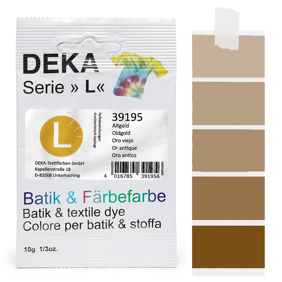 DEKA L teinture batik vieil or 10 g Sachet de teinture batik DEKA série L vieil or, 10 g, avec dégradé