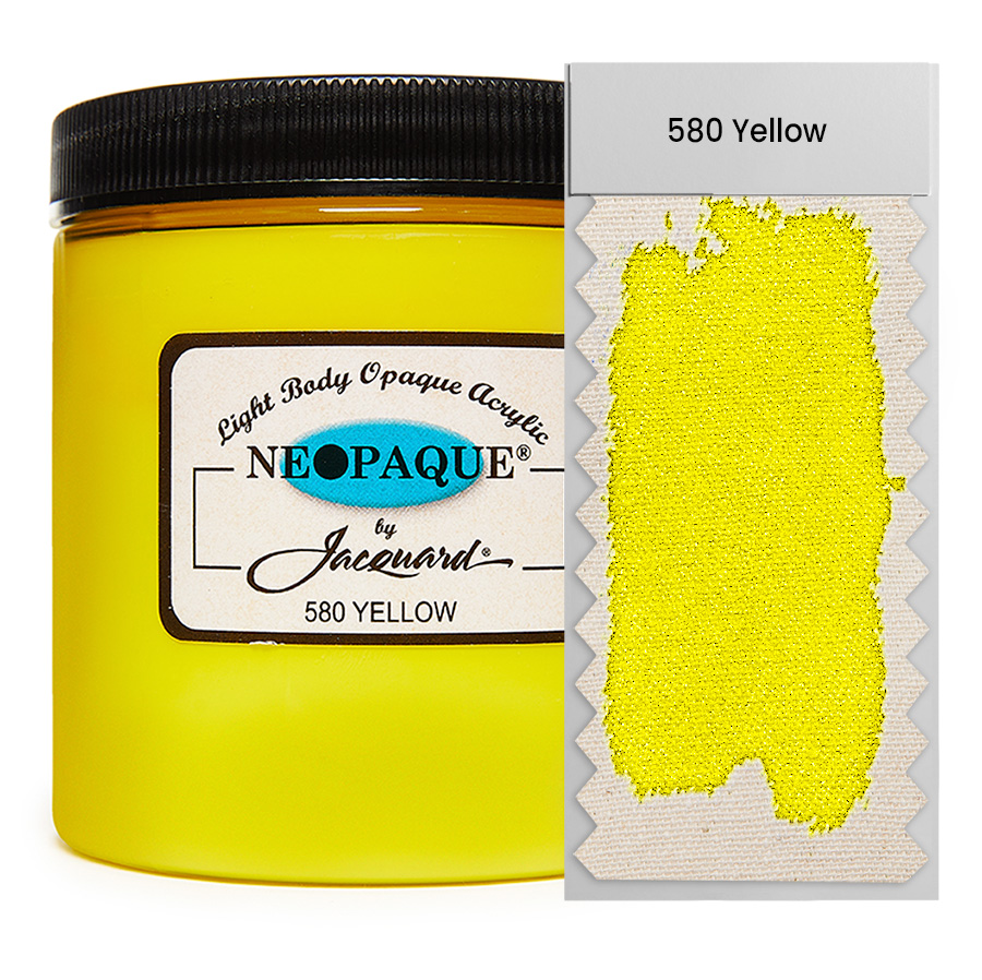 Jacquard Neopaque 580 Yellow 236 ml Dose Jacquard Neopaque 580 Yellow 236 ml mit Farbaufstrich auf Stoff, deckende Acrylfarbe