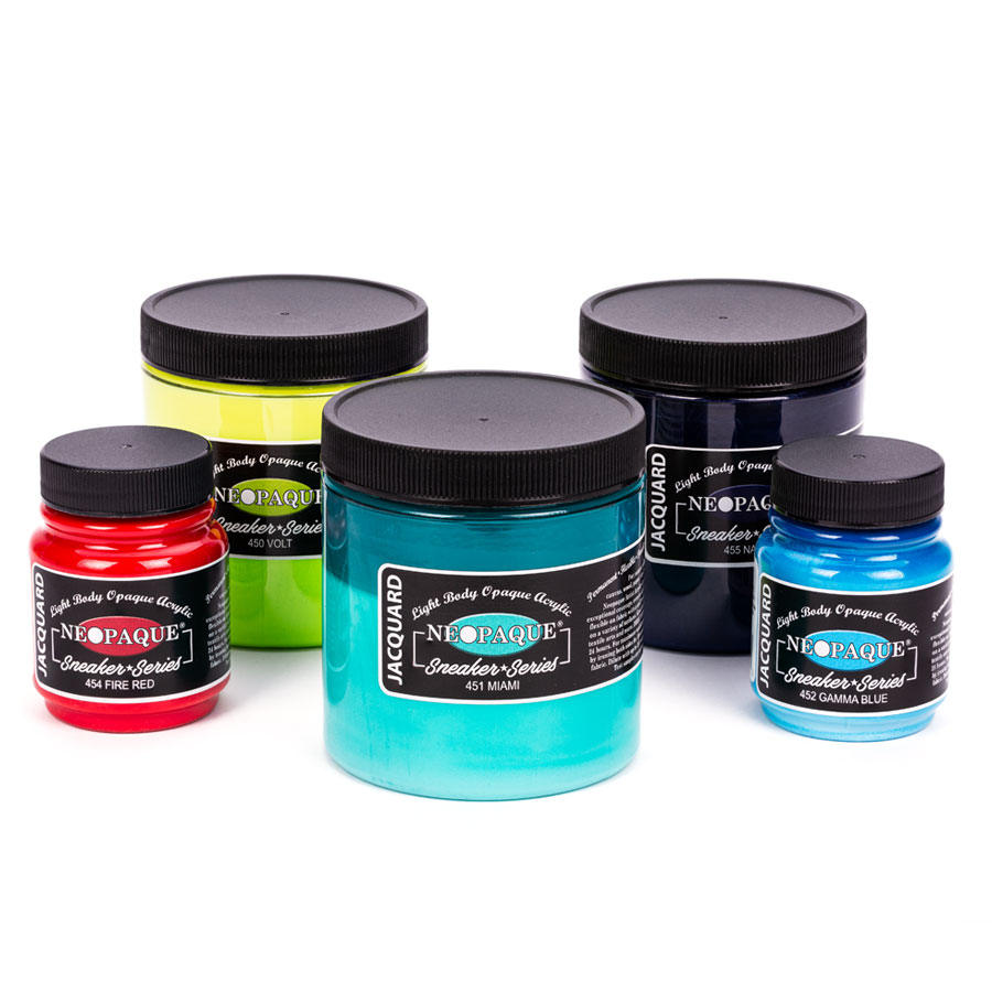 Jacquard Neopaque Sneaker Paint Jars of Jacquard Neopaque Sneaker paint in red, neon yellow, turquoise, blue and navy