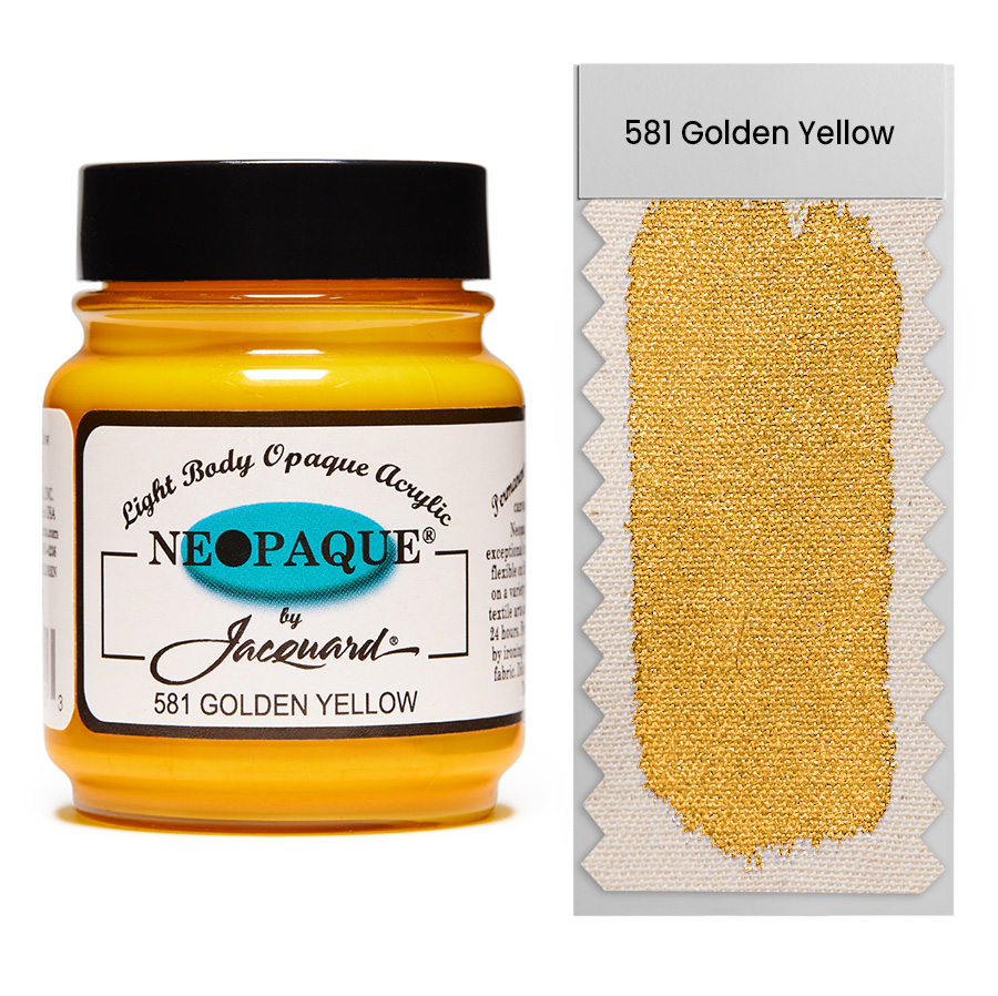 Jacquard Neopaque 581 Golden Yellow 67 ml Dose Jacquard Neopaque 581 Golden Yellow 67 ml mit Farbaufstrich auf Stoff, deckende Acrylfarbe