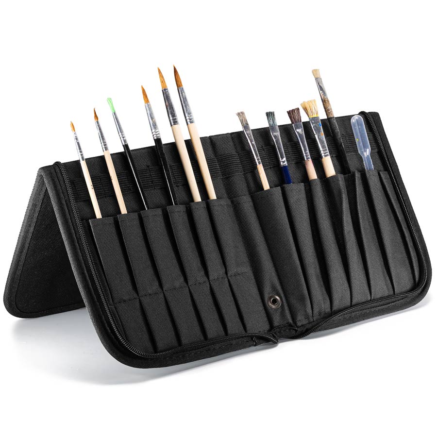 Die schwarze Pinselmappe ist ein sehr praktischer Organizer für kurze und lange Pinsel
