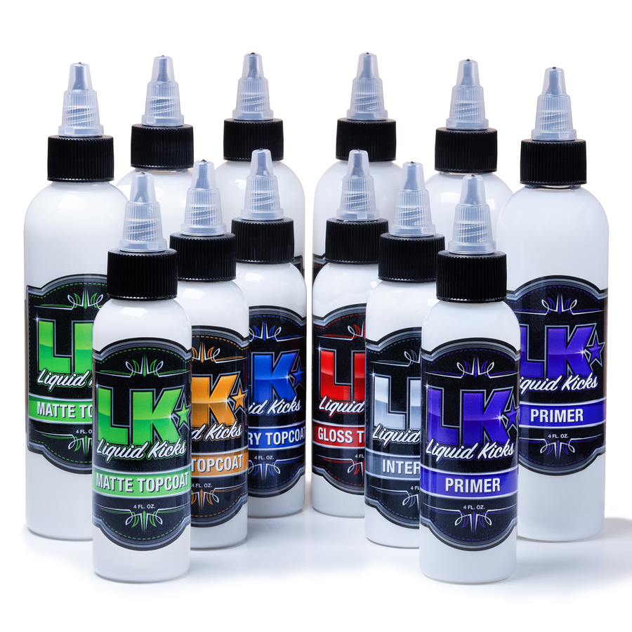 Liquid Kicks topcoats et primer Flacons Liquid Kicks topcoats, primer et intercoat de différentes tailles