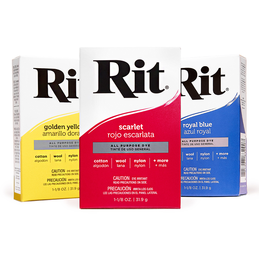 Rit All-Purpose Dye poudre Trois boîtes de poudre Rit All-Purpose Dye jaune d’or, écarlate et bleu roi