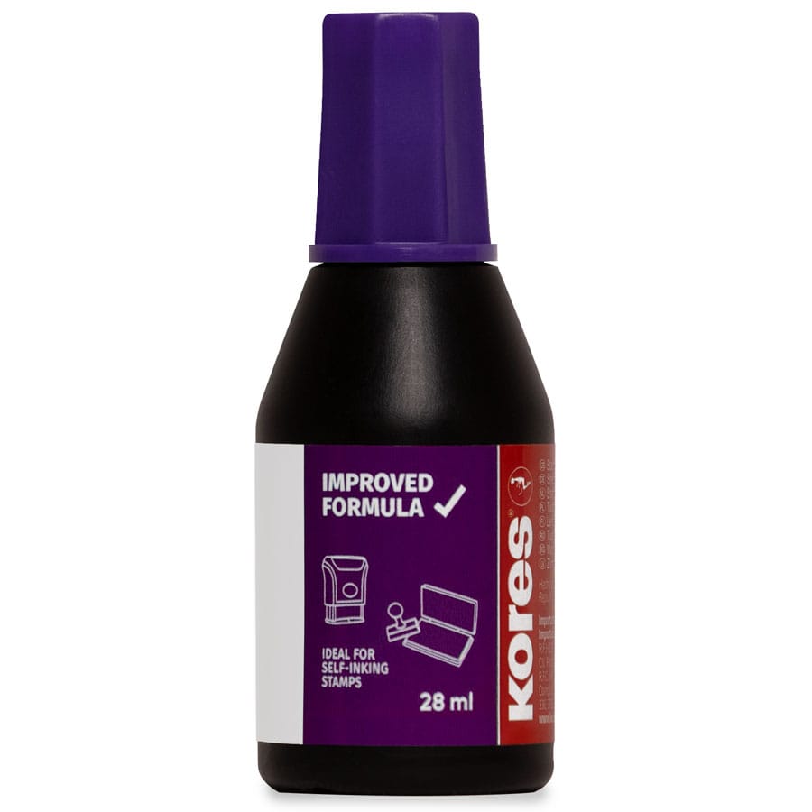 Kores® stamp ink is UVA-resistant and available in the following colors: red, violet, blue, green, and black.