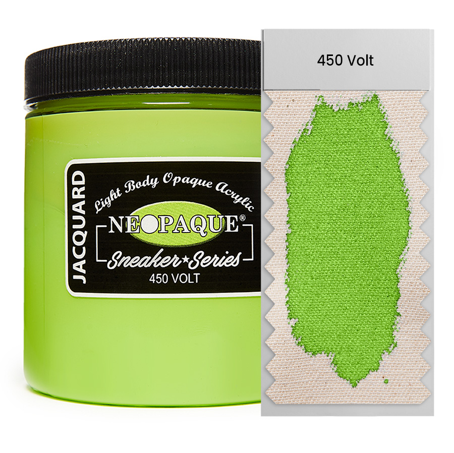 Jacquard Neopaque Sneaker 450 Volt 236 ml Dose Jacquard Neopaque Sneaker 450 Volt 236 ml mit Farbaufstrich auf Stoff, deckende Acrylfarbe