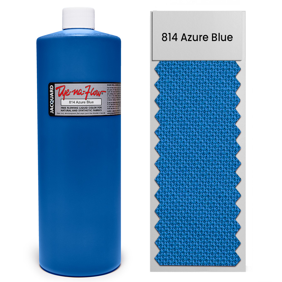 Jacquard Dye-Na-Flow 814 Azure Blue 946 ml Flasche Jacquard Dye-Na-Flow 814 Azure Blue 946 ml mit Farbmuster auf Stoff