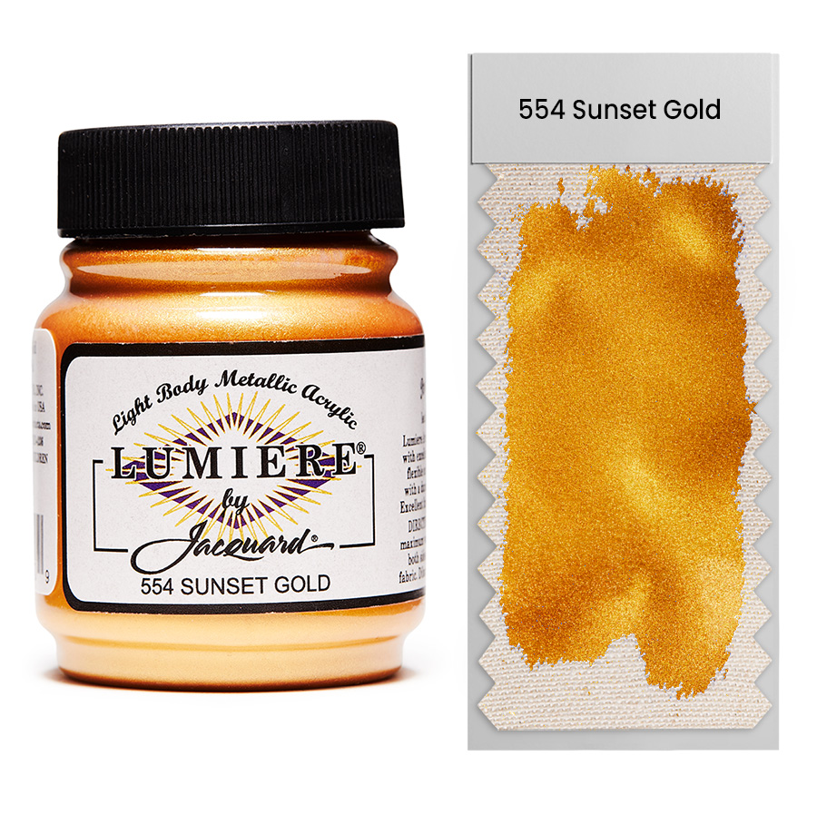 Jacquard Lumiere 554 Sunset Gold 67 ml Jar of Jacquard Lumiere 554 Sunset Gold 67 ml with swatch, metallic and pearlescent paint