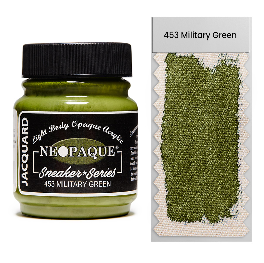 Jacquard Neopaque Sneaker 453 Military Green 67 ml Dose Jacquard Neopaque Sneaker 453 Military Green 67 ml mit Farbaufstrich auf Stoff, deckende Acrylfarbe