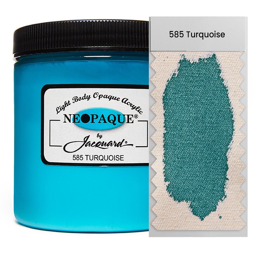 Jacquard Neopaque 585 Turquoise 236 ml Dose Jacquard Neopaque 585 Turquoise 236 ml mit Farbaufstrich auf Stoff, deckende Acrylfarbe
