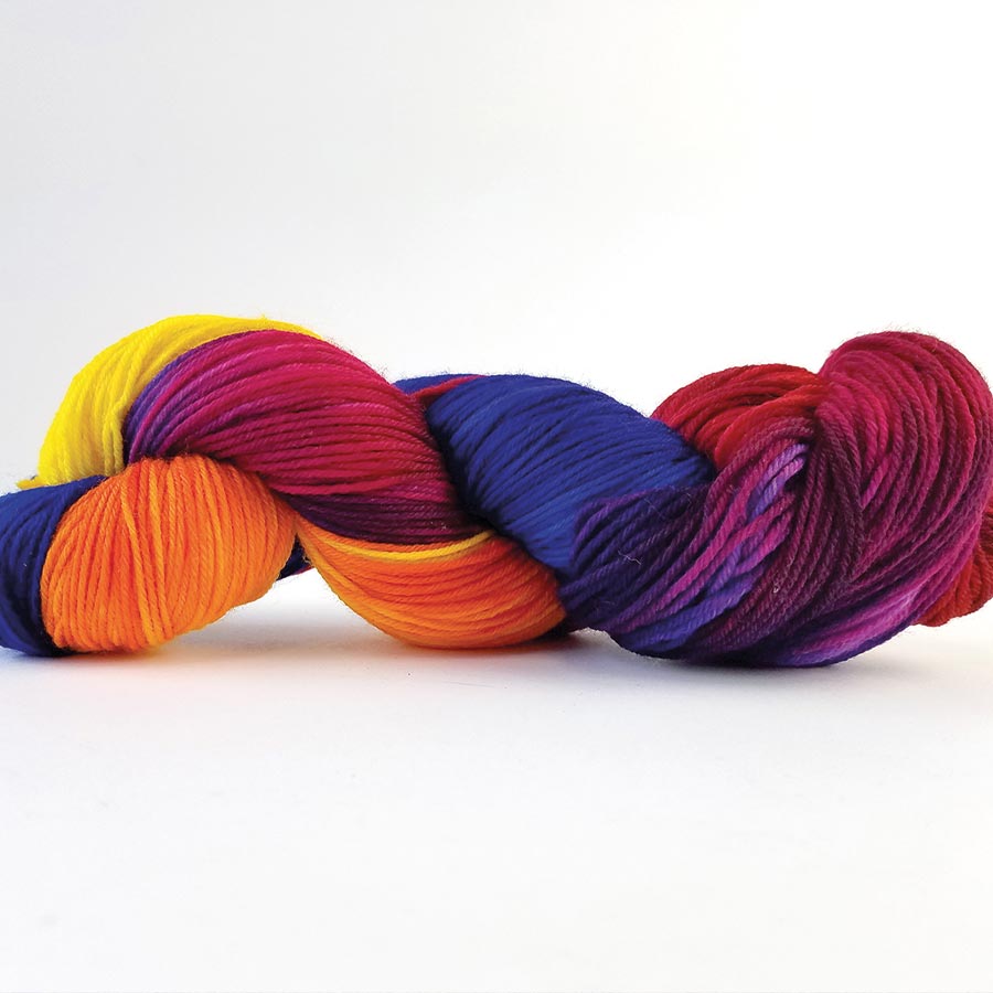 Jacquard Acid Dye Textilfarbe für Wolle und Seide Wollstrang in Gelb, Orange, Rot und Lila gefärbt