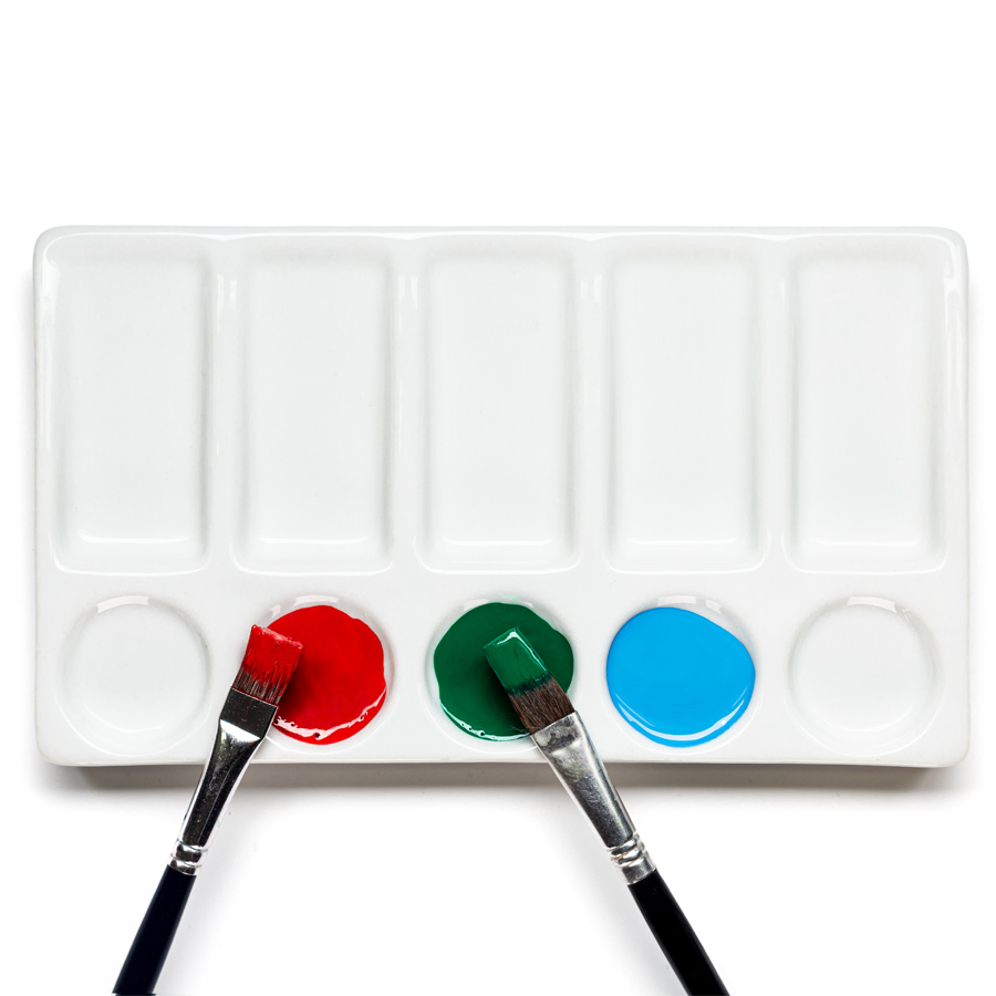 Porzellan Mischpalette eckig 10 Mulden Eckige Porzellan Mischpalette mit roter, grüner und blauer Farbe und Pinseln