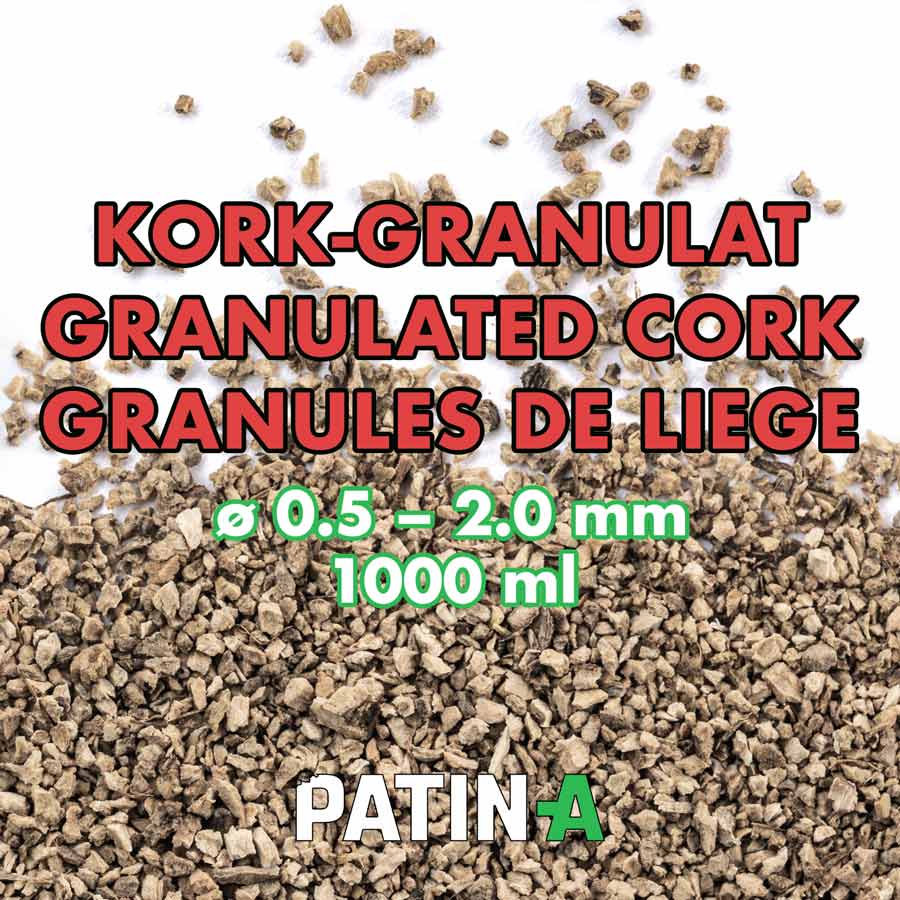 Cork granulate with a diameter between 0.5 and 2 mm produces great surface structures.   Granulated cork is absolutely essential for SFX distressings: e.g. dirt, blood crusts, burns, explosions, mould, rust, moss, algae etc.