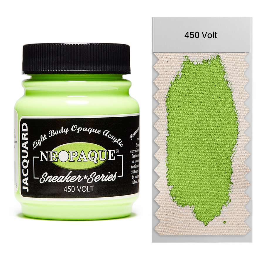 Jacquard Neopaque Sneaker 450 Volt 67 ml Dose Jacquard Neopaque Sneaker 450 Volt 67 ml mit Farbaufstrich auf Stoff, deckende Acrylfarbe
