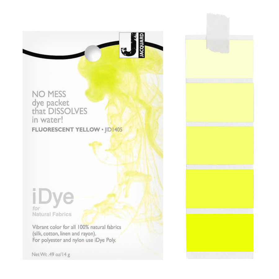 Jacquard iDye Natural 405 Fluorescent Yellow Packung Jacquard iDye Natural 405 Fluorescent Yellow mit sich lösender Farbe im Wasser und Farbmustern in Neongelb