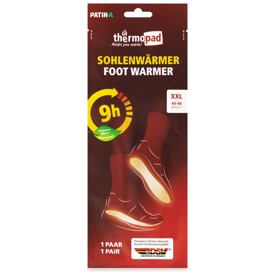 Les semelles chauffantes Thermopad Thermopad s'activent  à l'air en quelques minutes et réchauffent toute la plante du pied pendant huit heures à une température agréable de 40 °C.