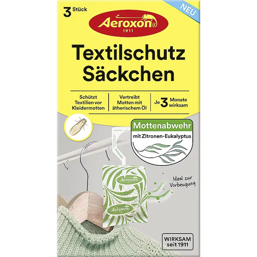 Aeroxon Textilschutzsackchen-Zitrone-Eukalyptus ist mit duftenden, wirkstoffhaltigen Granulat gefüllt, das speziell entwickelt wurde, um Kleidermotten fernzuhalten.