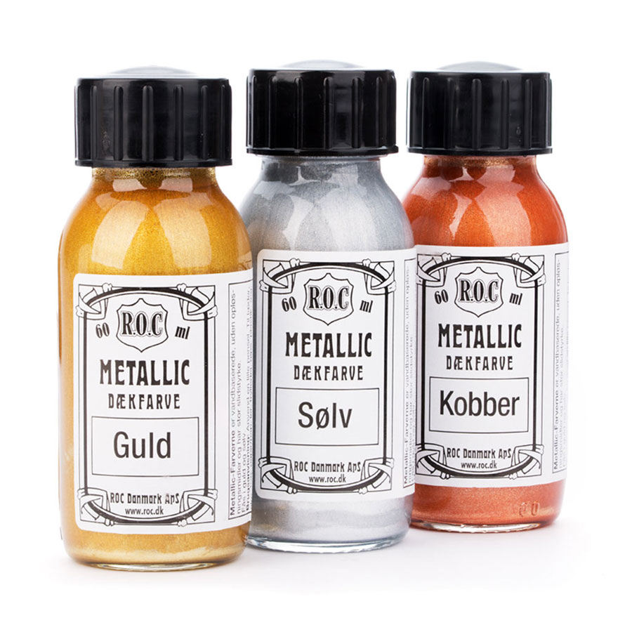 ROC Metallic Leather Paints in gold, copper, and silver are suitable for opaque coloring and painting and really look like metal