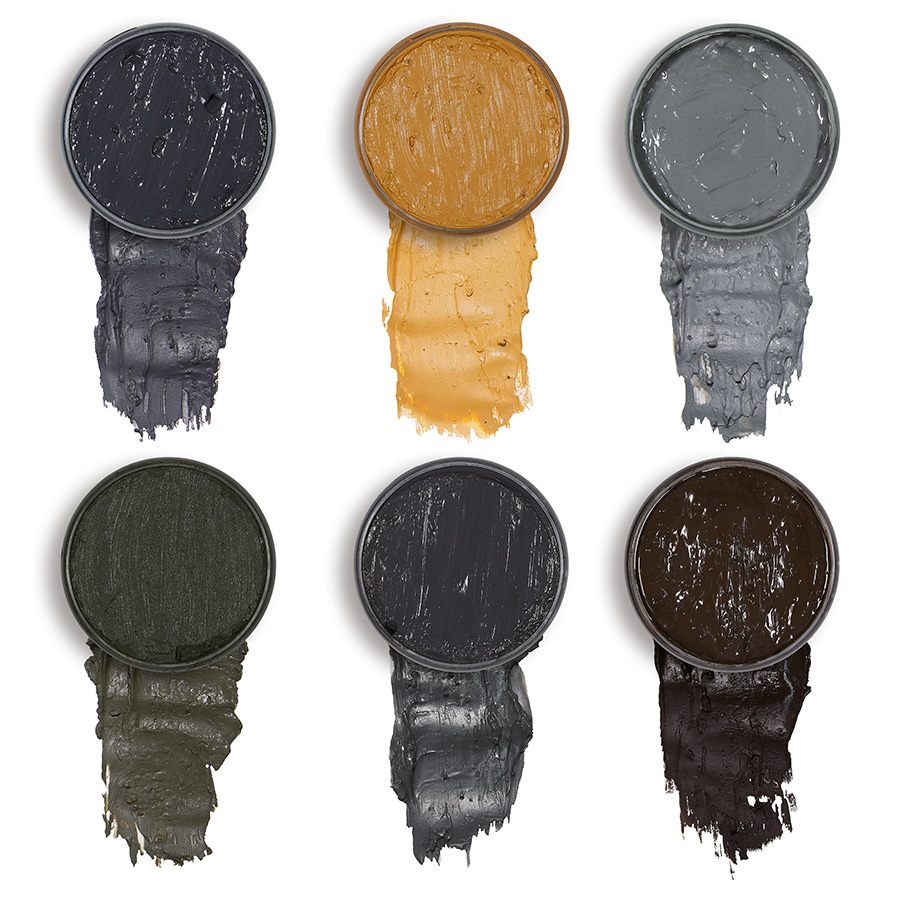 PATIN-MUD set of 6 patina mud XXL. The popular water-soluble patination mud in beautiful and authentic patina colors: yellow ochre, dark grey, dark brown, olive, clay grey and light grey