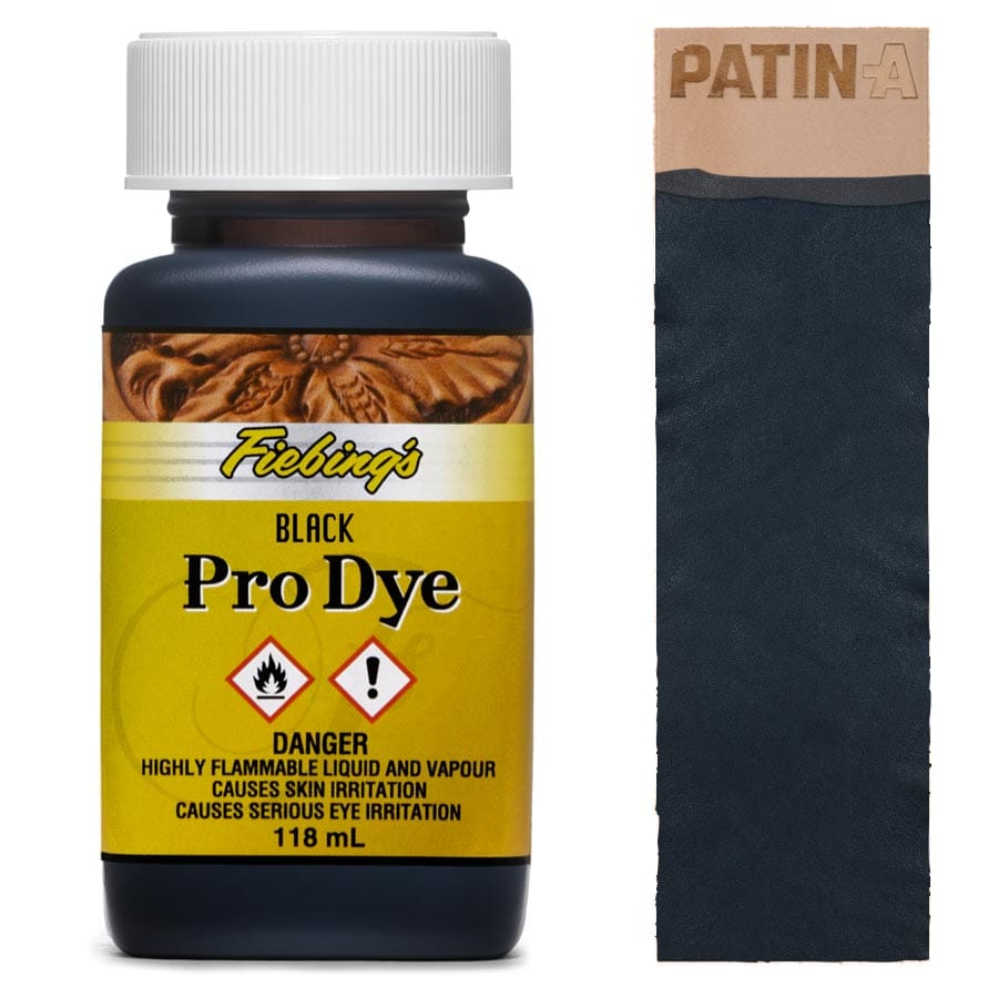 Pro Dye 118 ml Black Fiebing's Pro Dye 118 ml Black mit Farbmuster auf Leder