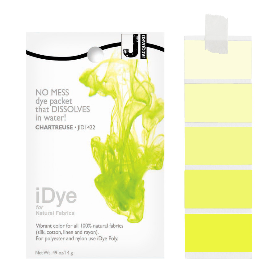 Jacquard iDye Natural 422 Chartreuse Packung Jacquard iDye Natural 422 Chartreuse mit sich lösender Farbe im Wasser und Farbmustern in Gelbgrün