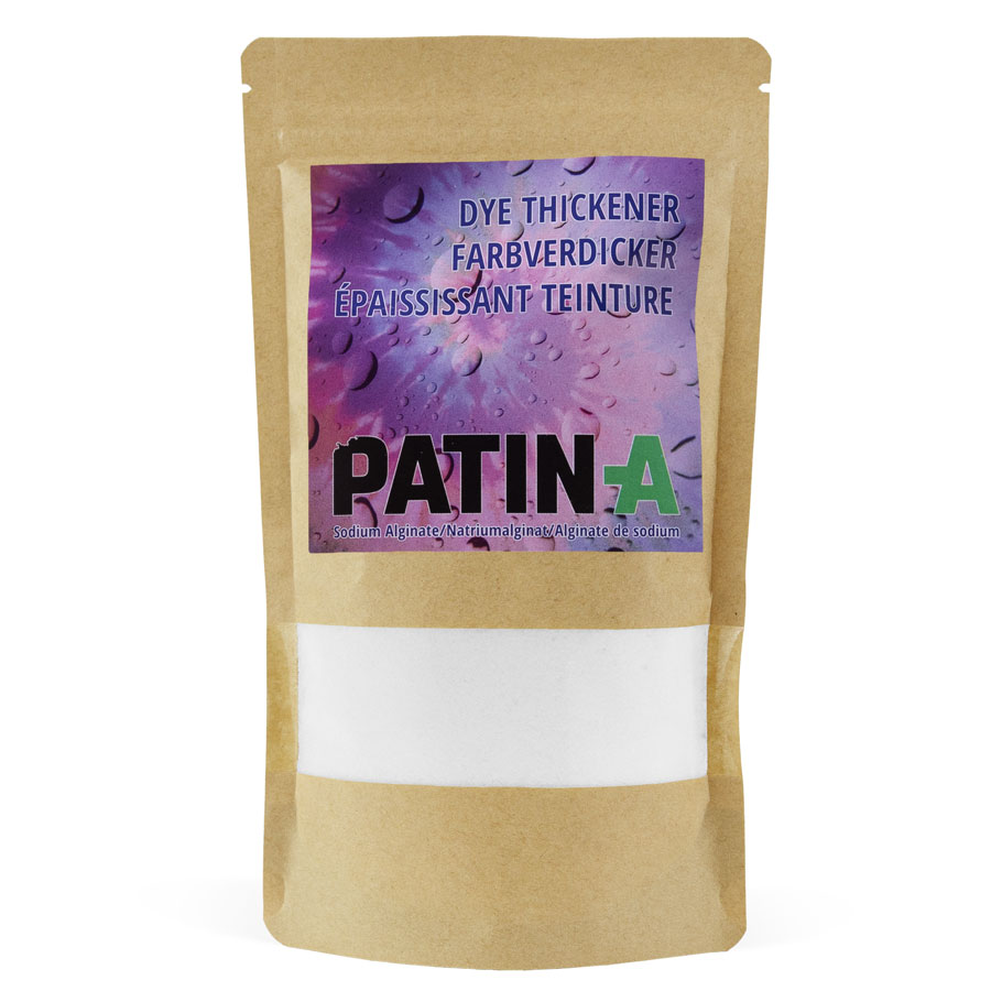 Natriumalginat ist ein natürliches, ungiftiges und sehr hilfreiches Verdickungsmittel für Textilmalereien oder -drucke. Mit Natriumalginat können Sie flüssige Farben verdicken, um damit zu stempeln, schablonieren, siebdrucken oder auch zu TieDye-en.