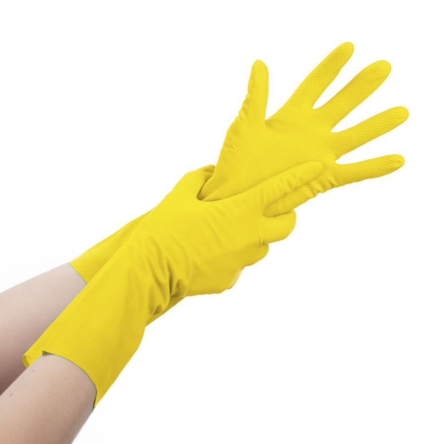 Universal-Gummihandschuh Gelbe Universal-Gummihandschuhe werden angezogen