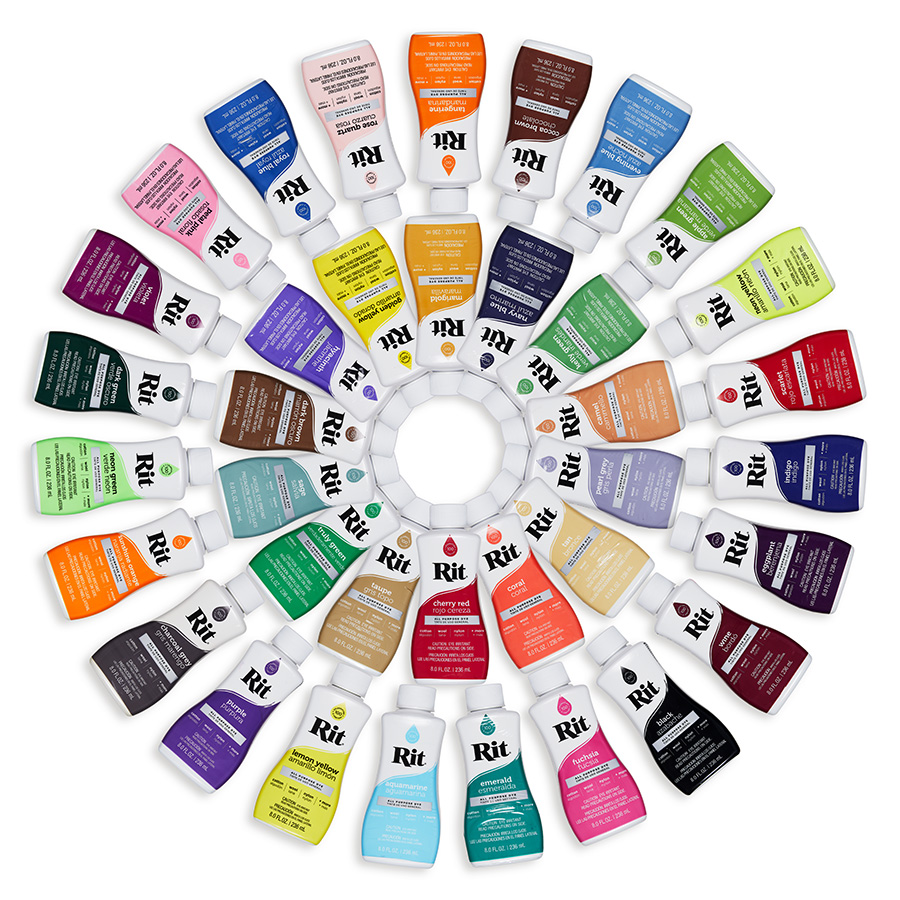 Rit Palette im Kreis Rit All-Purpose Dye Flaschen in vielen Farben kreisförmig angeordnet