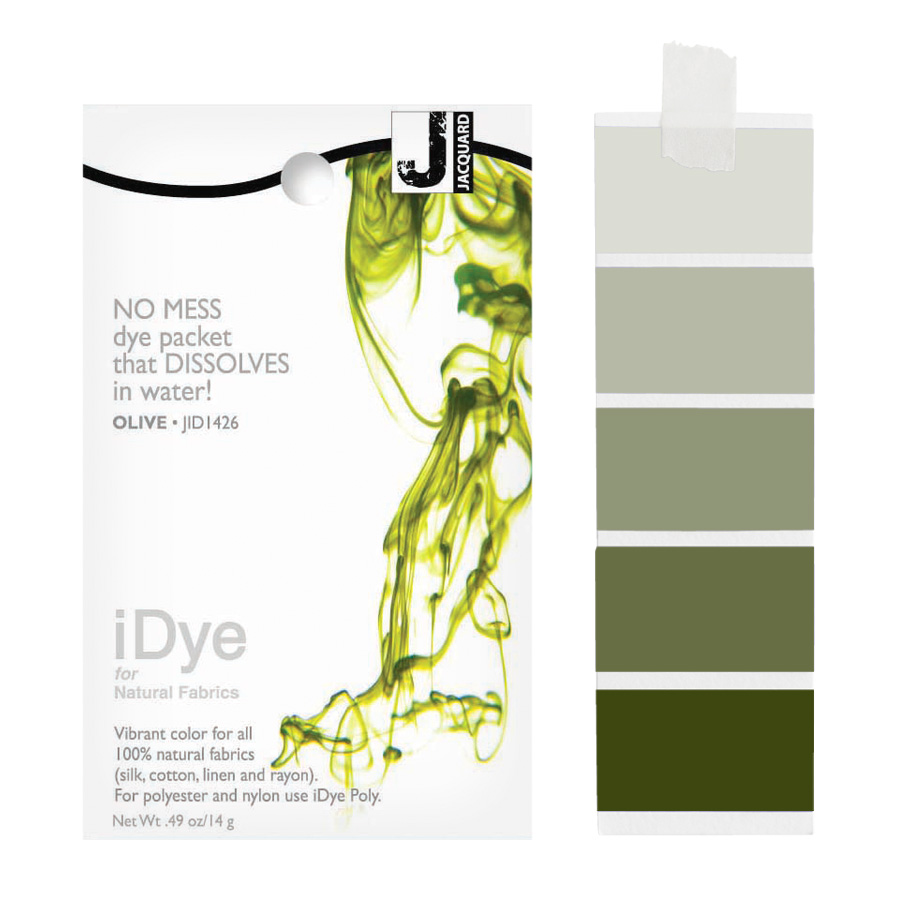 Jacquard iDye Natural 426 Olive Packung Jacquard iDye Natural 426 Olive mit sich lösender Farbe im Wasser und Farbmustern in Oliv