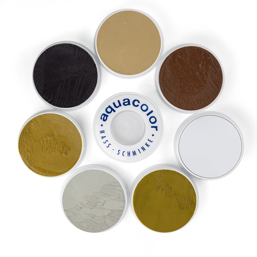 Kryolan Aquacolor 30 ml Seven tins of Kryolan Aquacolor 30 ml in black, beige, brown, white, gold and silver