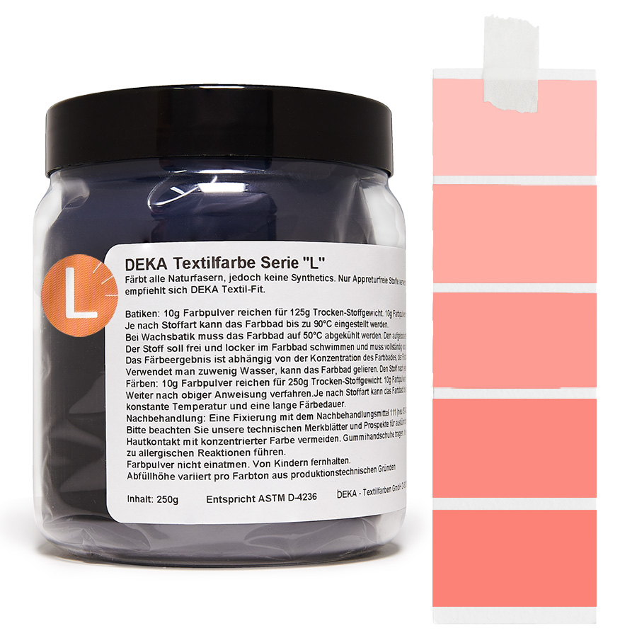 DEKA L Textilfarbe 250 g Lachs Dose DEKA L Textilfarbe 250 g in Lachs mit Farbmustern auf Stoff