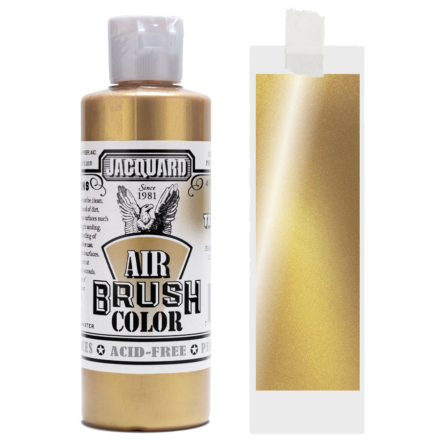 Jacquard Airbrush Metallic 303 True Gold Bottle of Jacquard Airbrush Color Metallic 303 True Gold with colour swatch