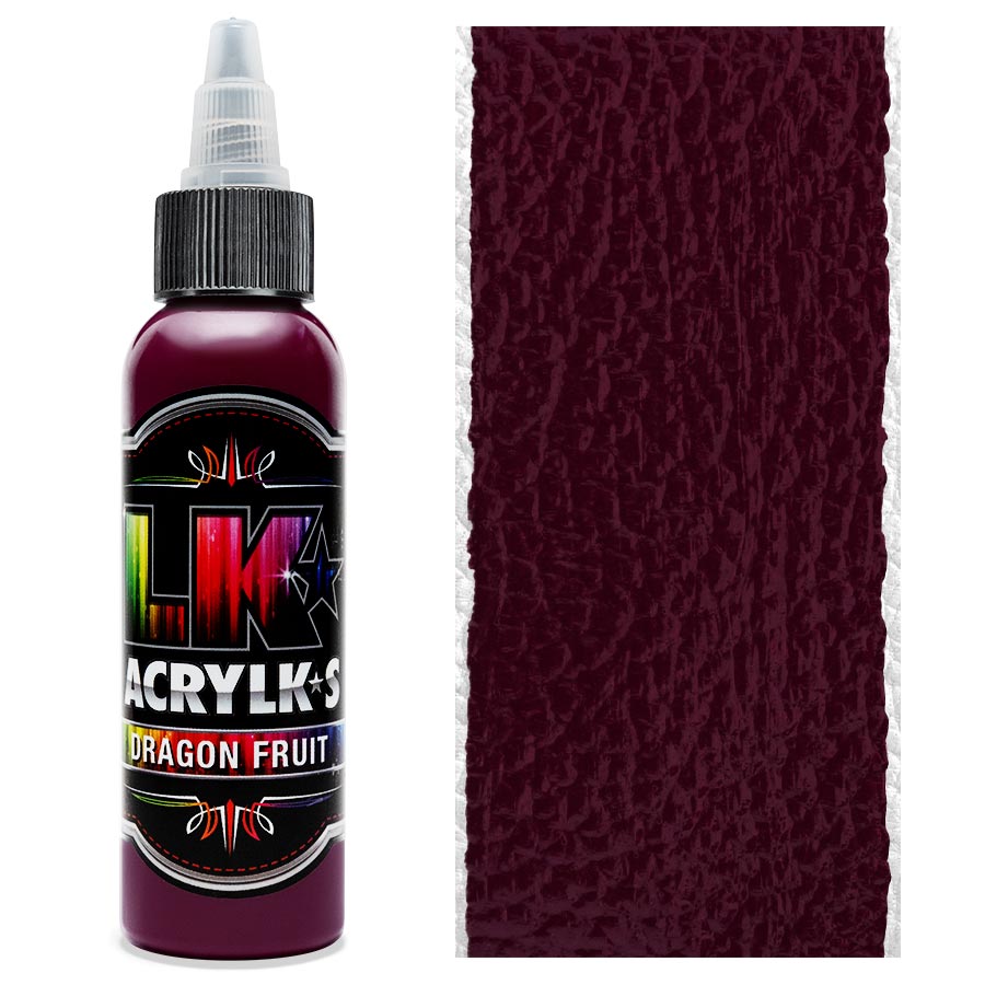 Liquid Kicks Acrylks Dragon Fruit - Rose LK ACRYLKS est la peinture ultime pour le cuir, la toile, le vinyle, le plastique, le métal, le papier, le bois et bien plus encore. Les LK ACRYLKS ont une valeur chromatique élevée et sont incroyablement faciles à mélanger. Les artistes aiment la passion