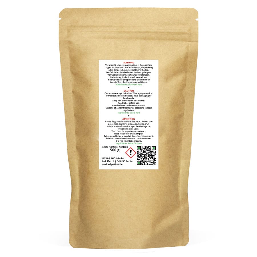 PATIN-A citric acid (powder) consists of 100% pure citric acid powder and is the perfect choice for textile dyeing, household cleaning and water softening.
