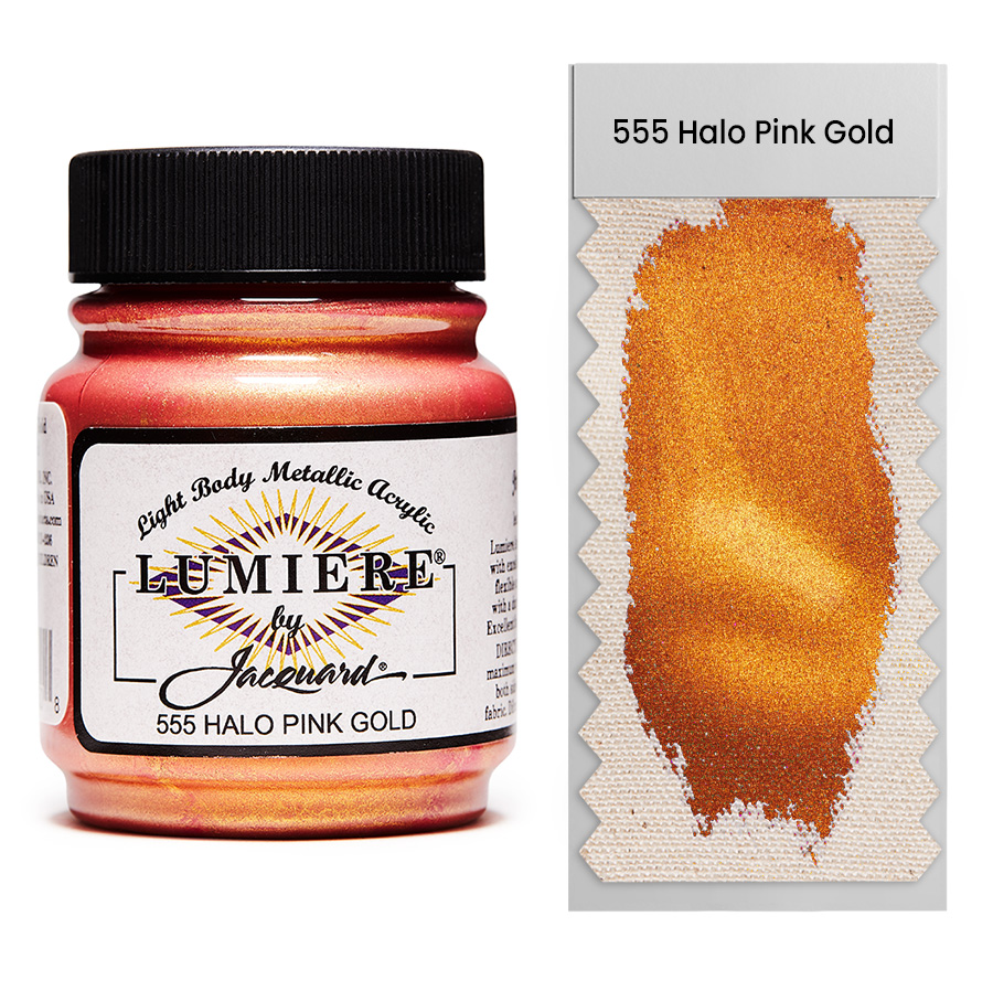 Jacquard Lumiere 555 Halo Pink Gold 67 ml Jar of Jacquard Lumiere 555 Halo Pink Gold 67 ml with swatch, metallic and pearlescent paint