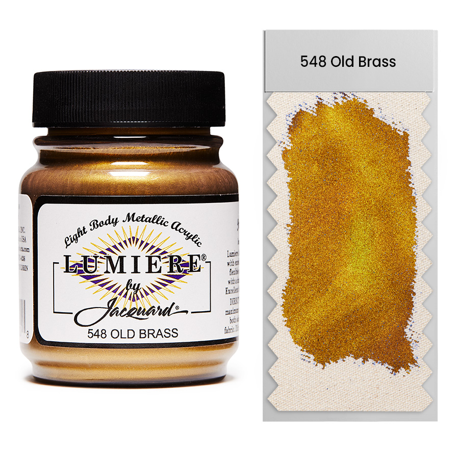 Jacquard Lumiere 548 Old Brass 67 ml Jar of Jacquard Lumiere 548 Old Brass 67 ml with swatch, metallic and pearlescent paint