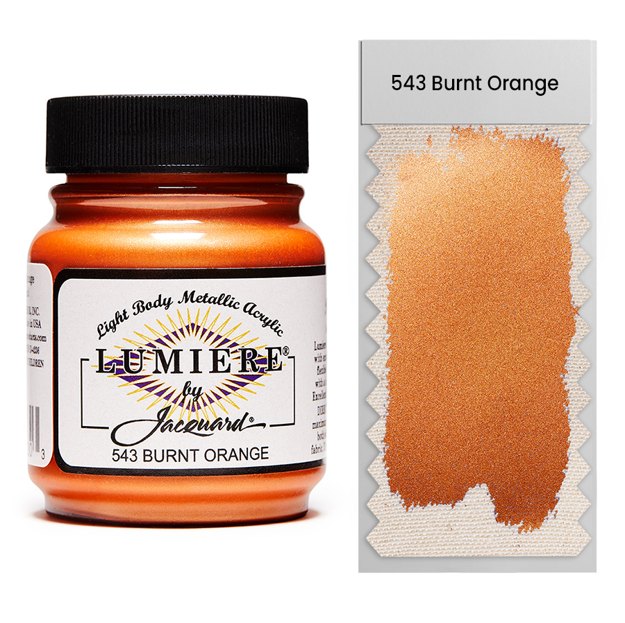Jacquard Lumiere 543 Burnt Orange 67 ml Jar of Jacquard Lumiere 543 Burnt Orange 67 ml with swatch, metallic and pearlescent paint