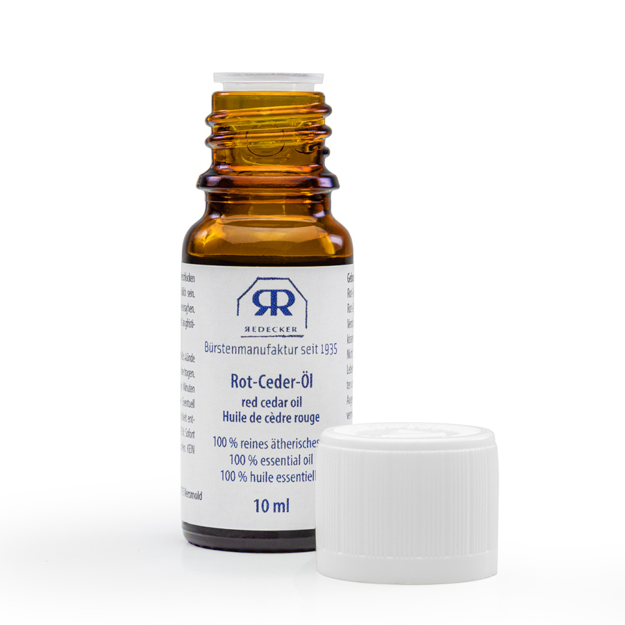 Redecker Rot-Zedernöl 10 ml Flasche Redecker Rot-Zedernholz-Öl 10 ml mit Deckel daneben
