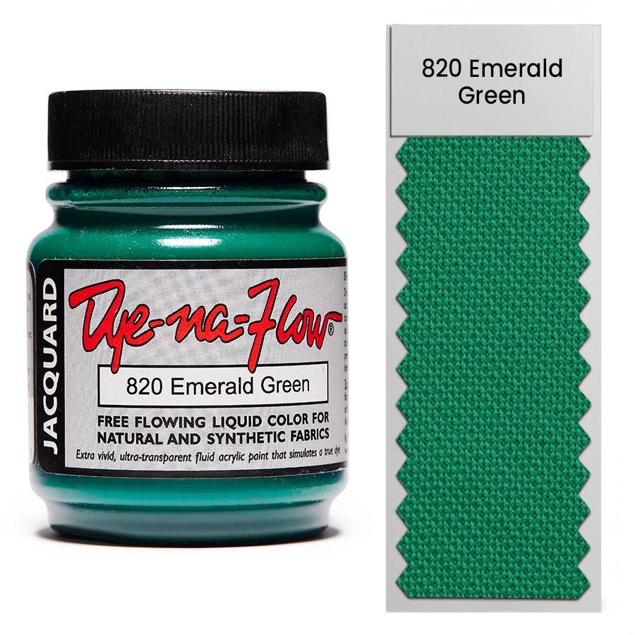 Jacquard Dye-Na-Flow 820 Emerald Green 67 ml Flasche Jacquard Dye-Na-Flow 820 Emerald Green 67 ml mit Farbmuster auf Stoff