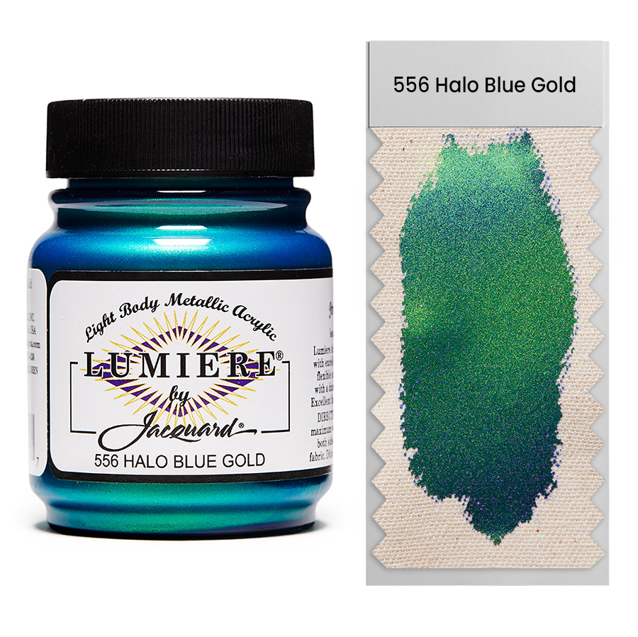 Jacquard Lumiere 556 Halo Blue Gold 67 ml Jar of Jacquard Lumiere 556 Halo Blue Gold 67 ml with swatch, metallic and pearlescent paint