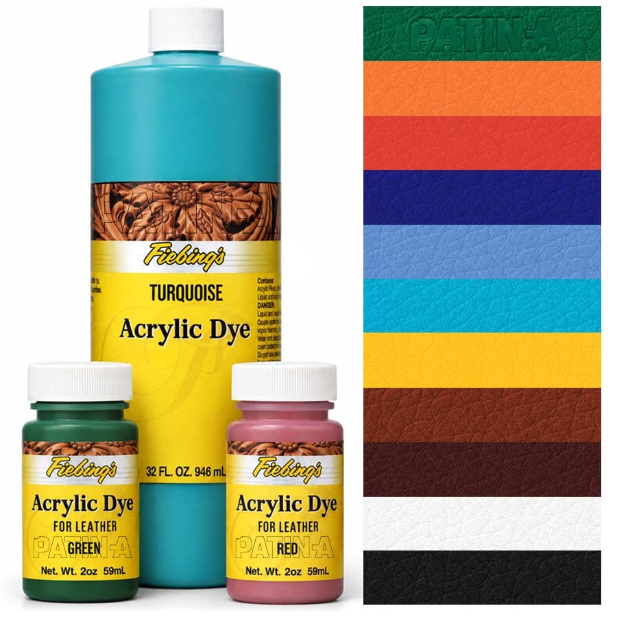 Peinture acrylique couvrante pour cuir Fiebing’s Acrylic Dye, un pot de 946 ml, deux pots de 59 ml et un nuancier Peinture cuir couvrante Fiebing’s Acrylic Dye, toutes couleurs en 59 ml