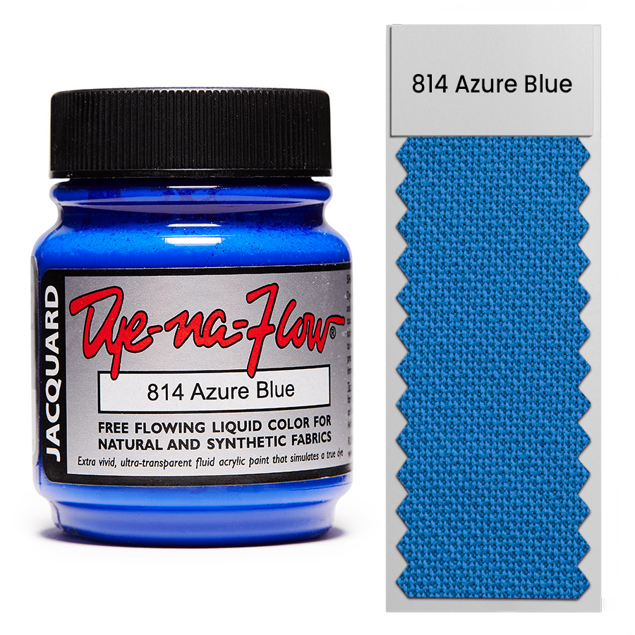 Jacquard Dye-Na-Flow 814 Azure Blue 67 ml Flasche Jacquard Dye-Na-Flow 814 Azure Blue 67 ml mit Farbmuster auf Stoff