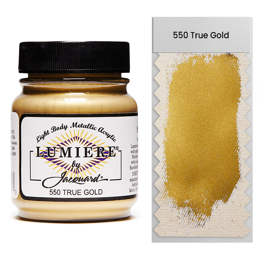 Jacquard Lumiere 550 True Gold 67 ml Jar of Jacquard Lumiere 550 True Gold 67 ml with swatch, metallic and pearlescent paint