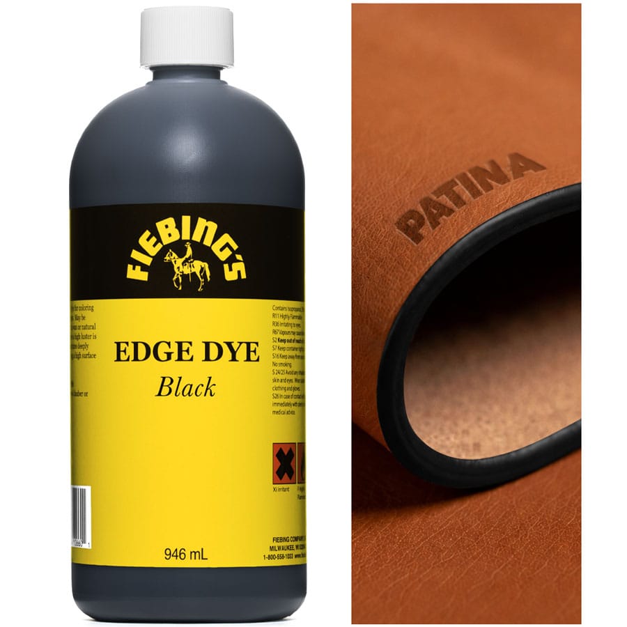 Fiebing's Edge Dye Kantenfarbe Schwarz Flasche Fiebing's Edge Dye Kantenfarbe Schwarz 946 ml, daneben eine Lederkante mit dieser Farbe gefärbt